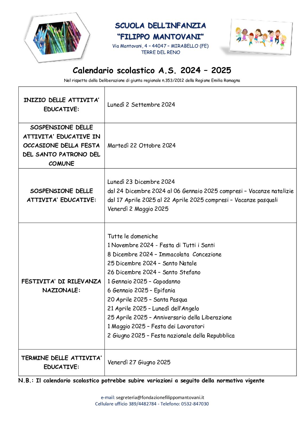 Calendario scolastico 2024 2025 infanzia pdf